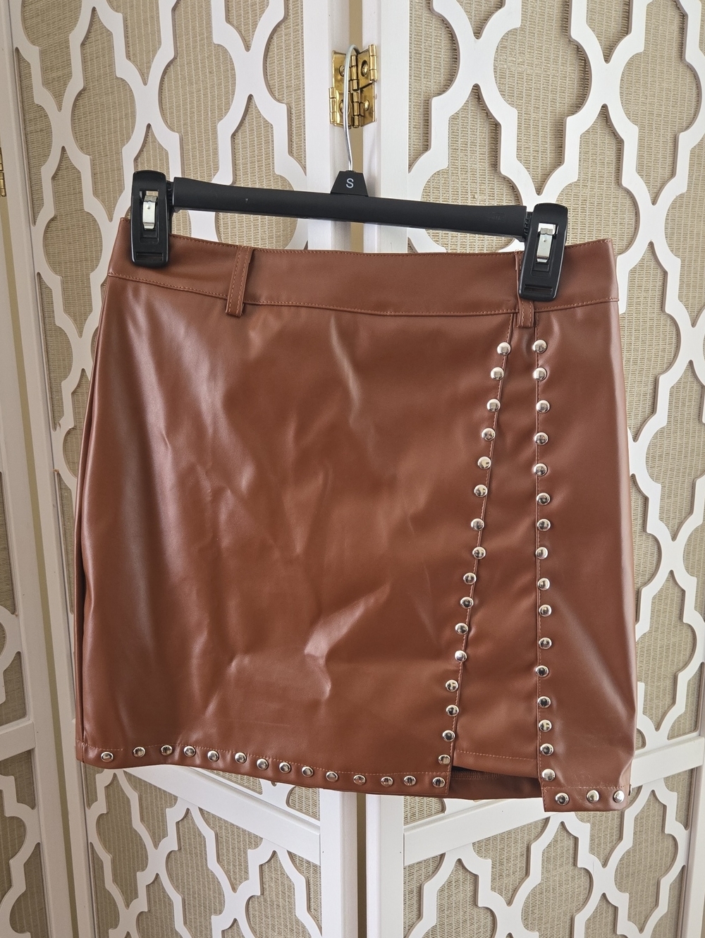 SHEIN Brown Faux Leather Studded Mini Skirt